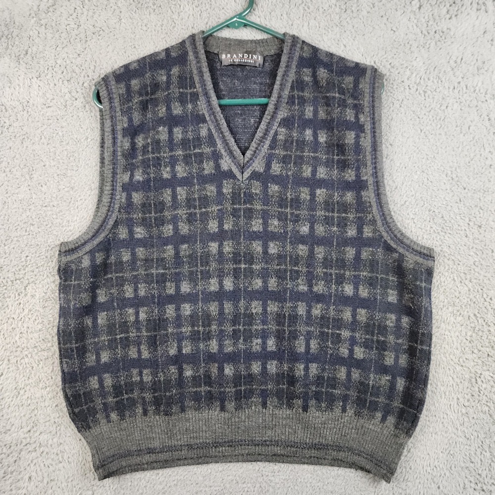Vintage Barney's Wool Blend Vest Gray Blue Nordic Italian Made Mens Large Preppy